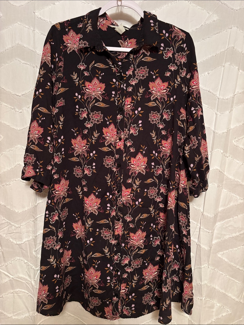 Floral Button-Front Black and Pink Maternity Shirt Dress